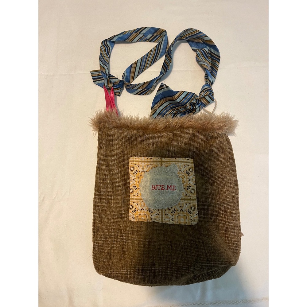 Handmade Upcycled Boho Crossbody Bag Brown Faux Fur Bite Me Patience Turtle